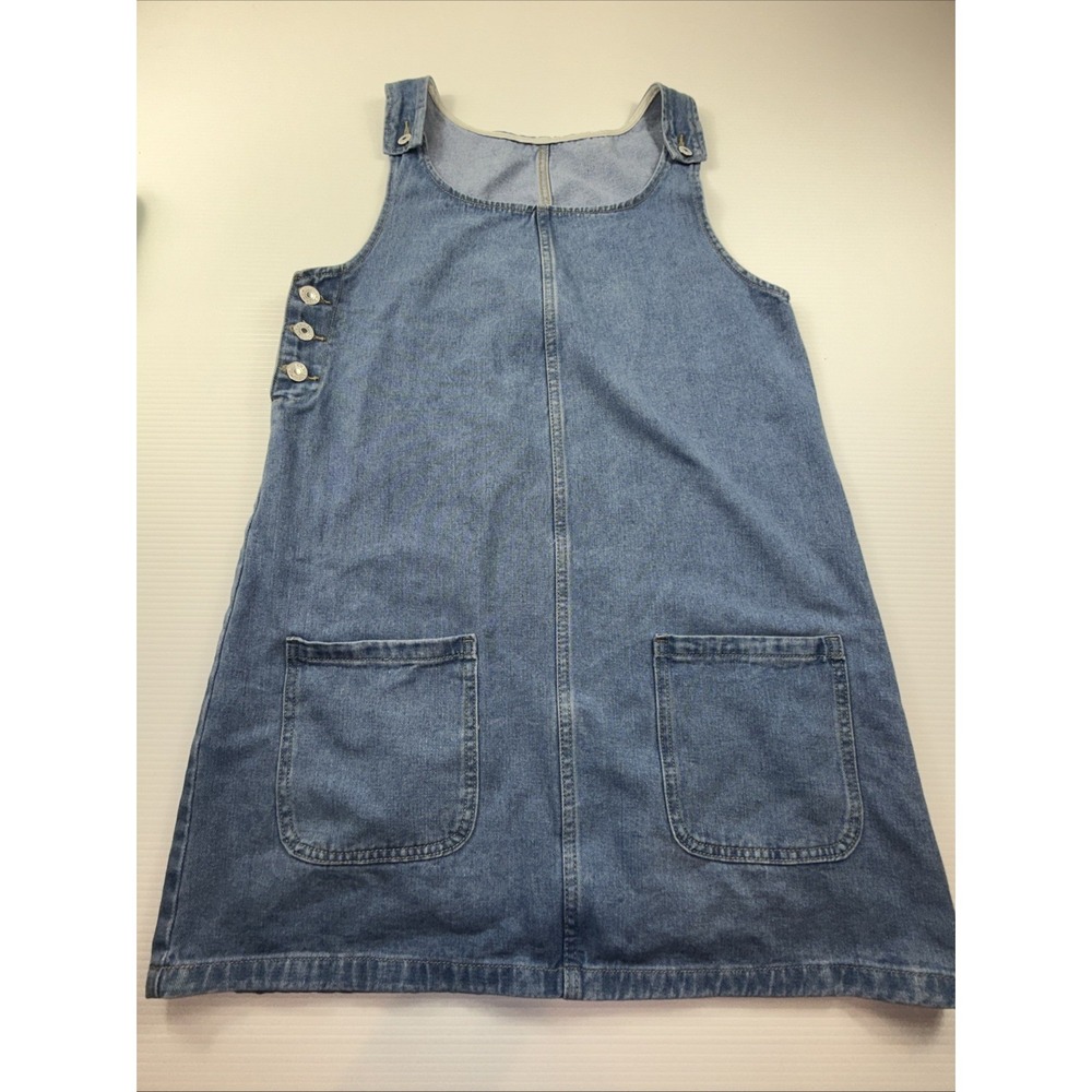 Ladies Blue Denim Sleeveless Jumper Dress Medium Side Button Front Pockets